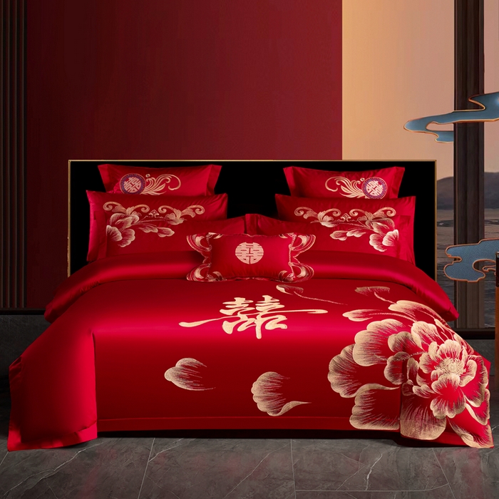 慕她家纺 2026年全棉纯棉婚庆四件套大红色刺绣结床上用品 花海情深