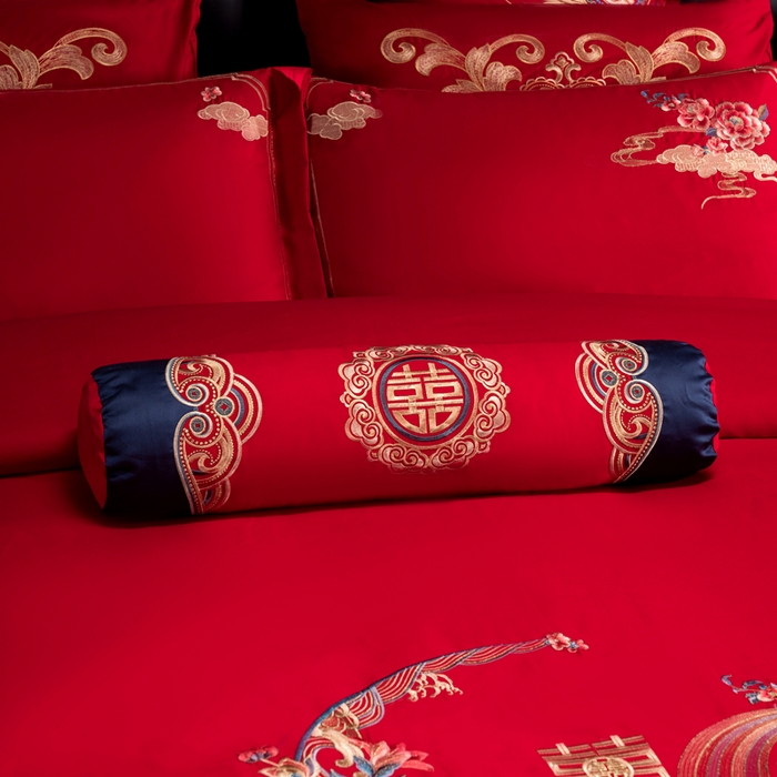 91家纺网 家纺一手货源 找家纺 慕她家纺 2026年全棉纯棉婚庆四件套大红色刺绣结床上用品 凤舞花晨 金