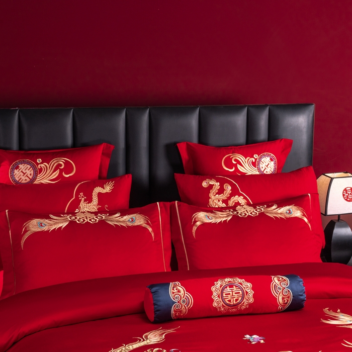 91家纺网 家纺一手货源 找家纺 慕她家纺 2026年全棉纯棉婚庆四件套大红色刺绣结床上用品 御赐婚礼