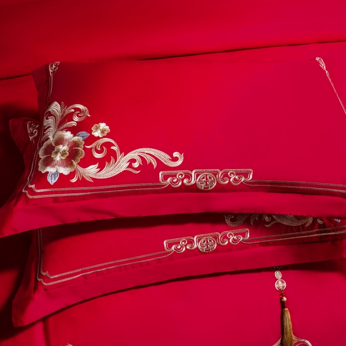 91家纺网 家纺一手货源 找家纺 慕她家纺 2026年全棉纯棉婚庆四件套大红色刺绣结床上用品 倾城之恋 金