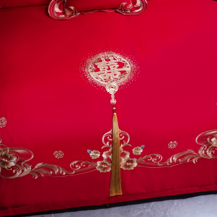 91家纺网 家纺一手货源 找家纺 慕她家纺 2026年全棉纯棉婚庆四件套大红色刺绣结床上用品 倾城之恋 金