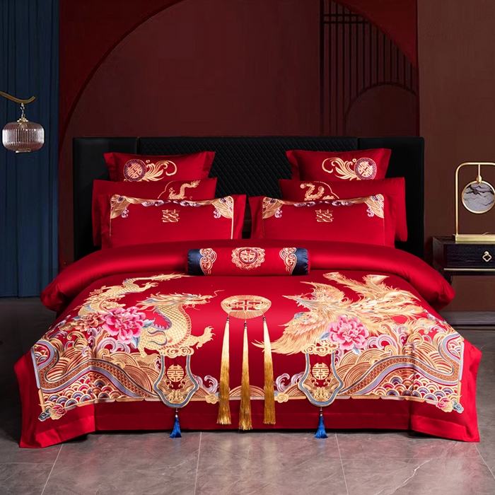 91家纺网 家纺一手货源 找家纺 慕她家纺 2026年全棉纯棉婚庆四件套大红色刺绣结床上用品 皇朝喜嫁 金