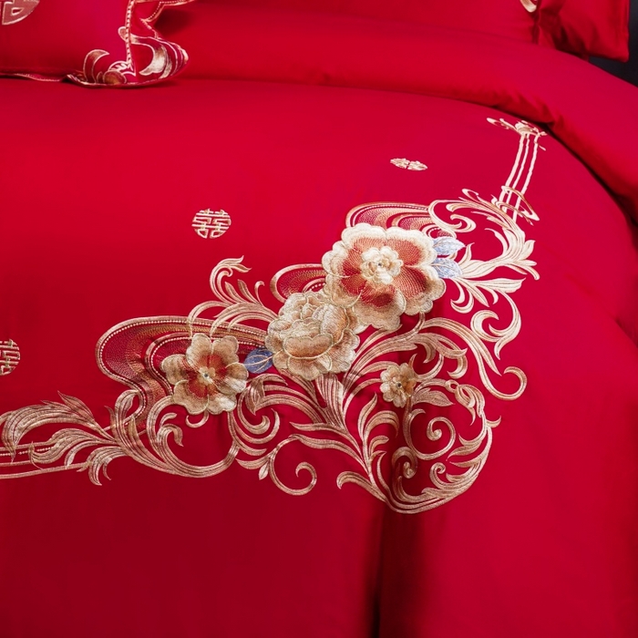 91家纺网 家纺一手货源 找家纺 慕她家纺 2026年全棉纯棉婚庆四件套大红色刺绣结床上用品 倾城之恋 金