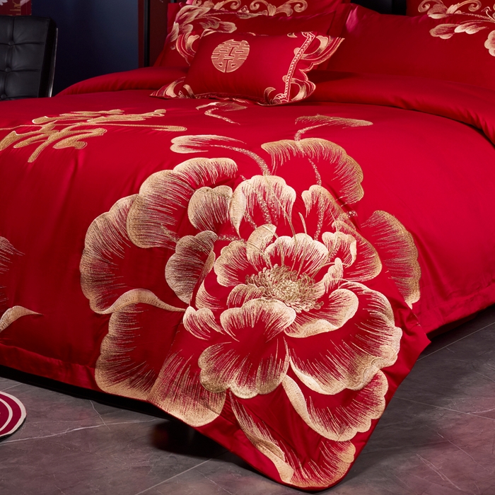 91家纺网 家纺一手货源 找家纺 慕她家纺 2026年全棉纯棉婚庆四件套大红色刺绣结床上用品 花海情深