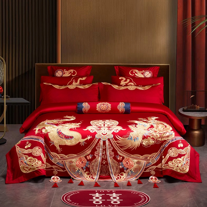 慕她家纺 2026年全棉纯棉婚庆四件套大红色刺绣结床上用品 开门见喜
