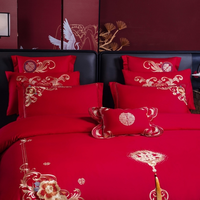 91家纺网 家纺一手货源 找家纺 慕她家纺 2026年全棉纯棉婚庆四件套大红色刺绣结床上用品 倾城之恋 金