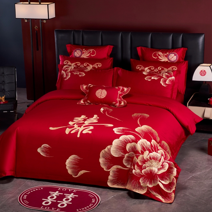 91家纺网 家纺一手货源 找家纺 慕她家纺 2026年全棉纯棉婚庆四件套大红色刺绣结床上用品 花海情深