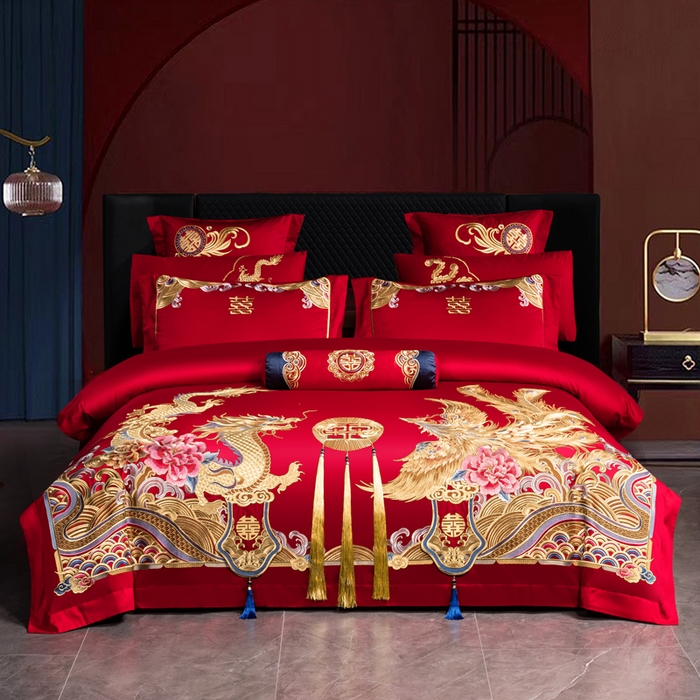慕她家纺 2026年全棉纯棉婚庆四件套大红色刺绣结床上用品 皇朝喜嫁 金
