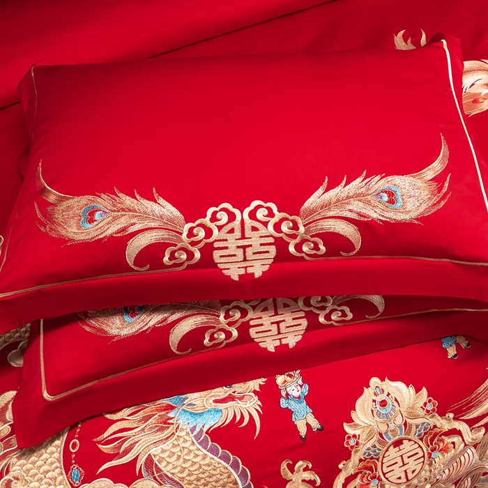 91家纺网 家纺一手货源 找家纺 慕她家纺 2026年全棉纯棉婚庆四件套大红色刺绣结床上用品 御赐婚礼