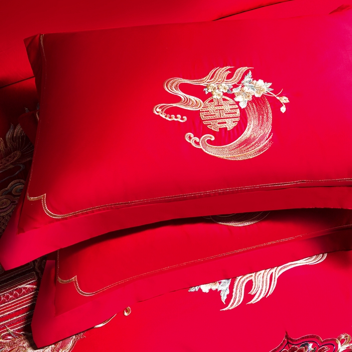 91家纺网 家纺一手货源 找家纺 慕她家纺 2026年全棉纯棉婚庆四件套大红色刺绣结床上用品 今生相伴