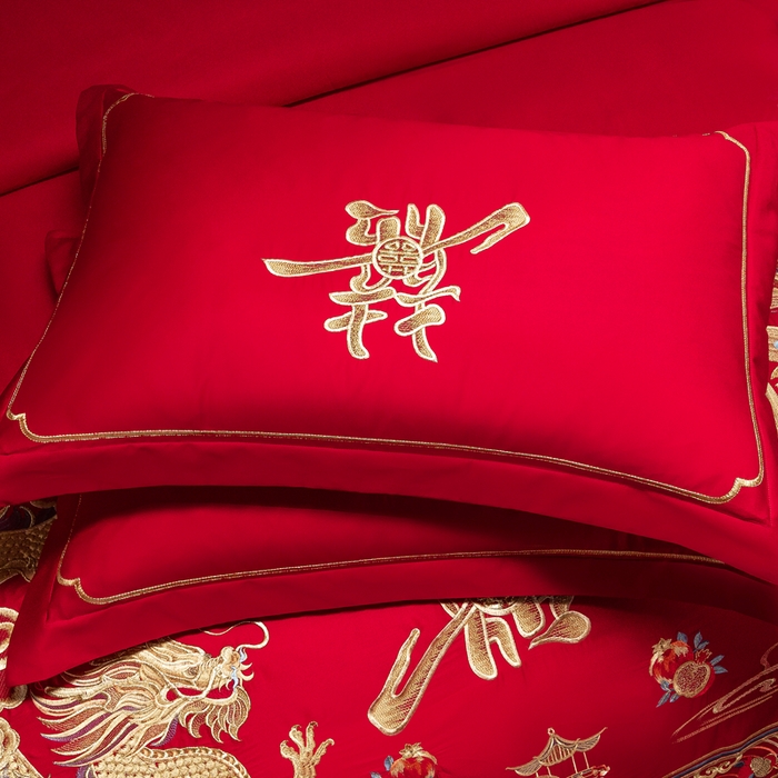 91家纺网 家纺一手货源 找家纺 慕她家纺 2026年全棉纯棉婚庆四件套大红色刺绣结床上用品 佳期龙凤