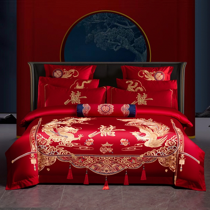 慕她家纺 2026年全棉纯棉婚庆四件套大红色刺绣结床上用品 佳期龙凤