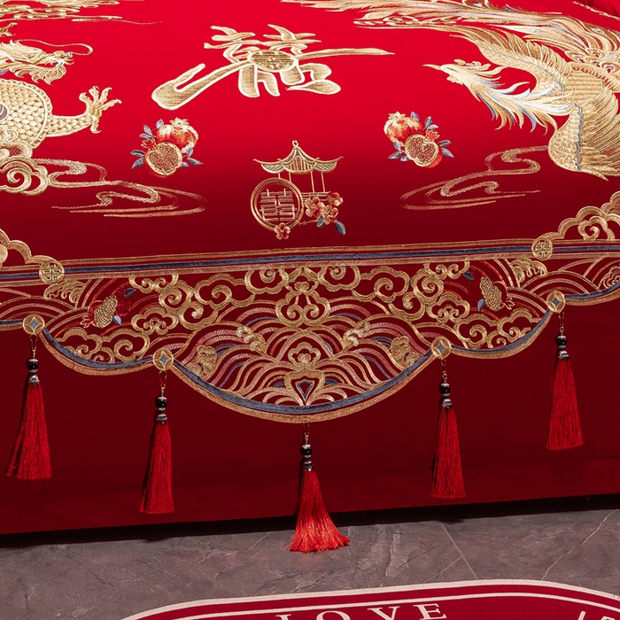 91家纺网 家纺一手货源 找家纺 慕她家纺 2026年全棉纯棉婚庆四件套大红色刺绣结床上用品 佳期龙凤