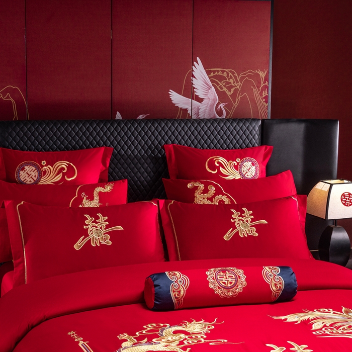 91家纺网 家纺一手货源 找家纺 慕她家纺 2026年全棉纯棉婚庆四件套大红色刺绣结床上用品 佳期龙凤