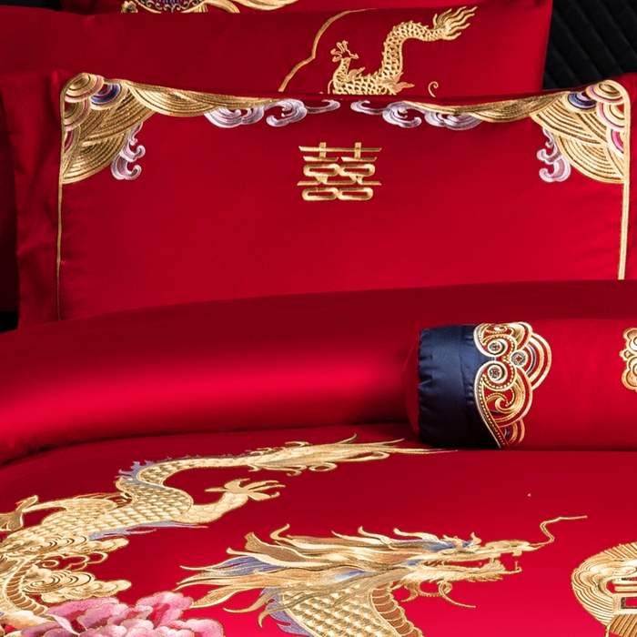 91家纺网 家纺一手货源 找家纺 慕她家纺 2026年全棉纯棉婚庆四件套大红色刺绣结床上用品 皇朝喜嫁 金