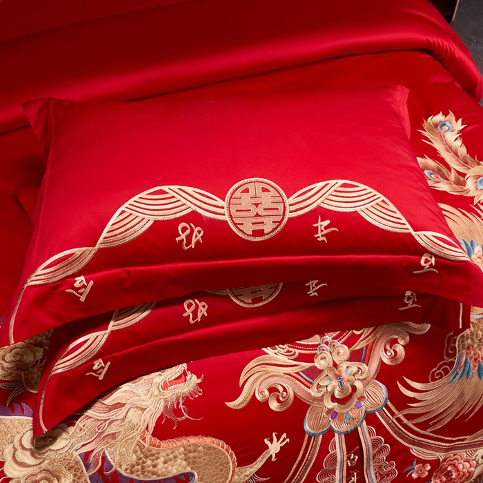 91家纺网 家纺一手货源 找家纺 慕她家纺 2026年全棉纯棉婚庆四件套大红色刺绣结床上用品 开门见喜