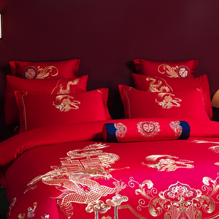91家纺网 家纺一手货源 找家纺 慕她家纺 2026年全棉纯棉婚庆四件套大红色刺绣结床上用品 今生相伴