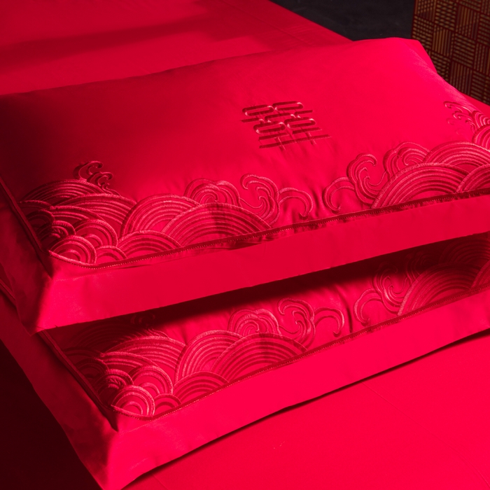 91家纺网 家纺一手货源 找家纺 慕她家纺 2026年全棉纯棉婚庆四件套大红色刺绣结床上用品 皇朝喜嫁 红