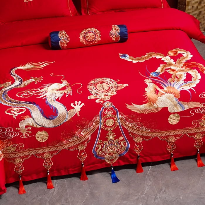 91家纺网 家纺一手货源 找家纺 慕她家纺 2026年全棉纯棉婚庆四件套大红色刺绣结床上用品 金尊龙凤