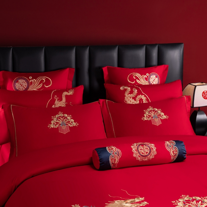 91家纺网 家纺一手货源 找家纺 慕她家纺 2026年全棉纯棉婚庆四件套大红色刺绣结床上用品 锦瑟龙凤