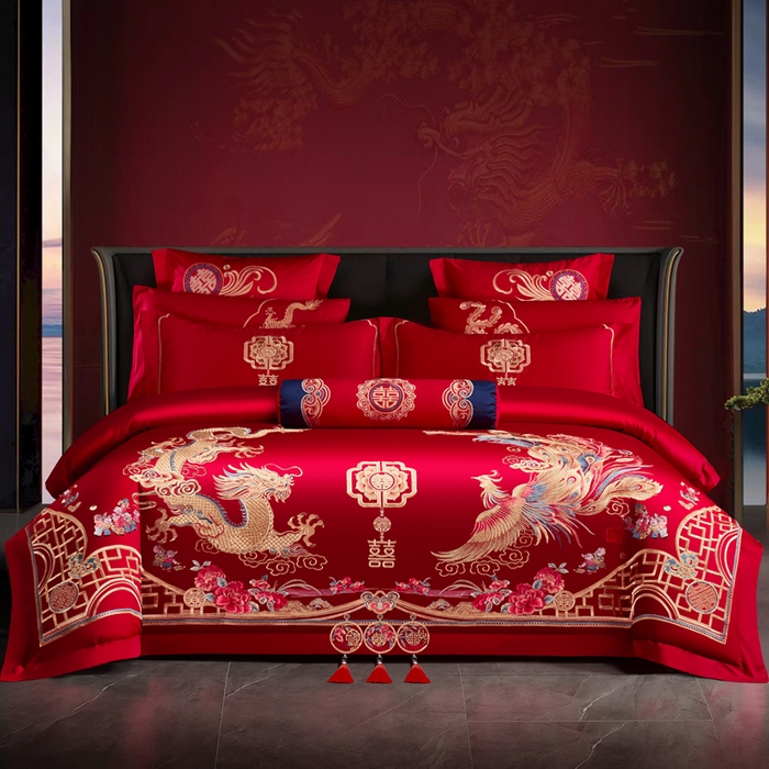 慕她家纺 2026年全棉纯棉婚庆四件套大红色刺绣结床上用品 云罗龙凤