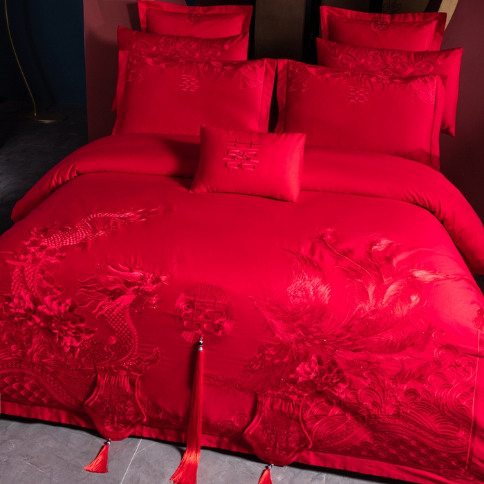 91家纺网 家纺一手货源 找家纺 慕她家纺 2026年全棉纯棉婚庆四件套大红色刺绣结床上用品 皇朝喜嫁 红