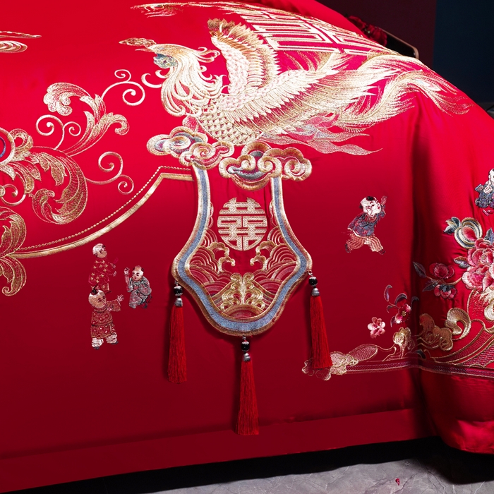 91家纺网 家纺一手货源 找家纺 慕她家纺 2026年全棉纯棉婚庆四件套大红色刺绣结床上用品 今生相伴