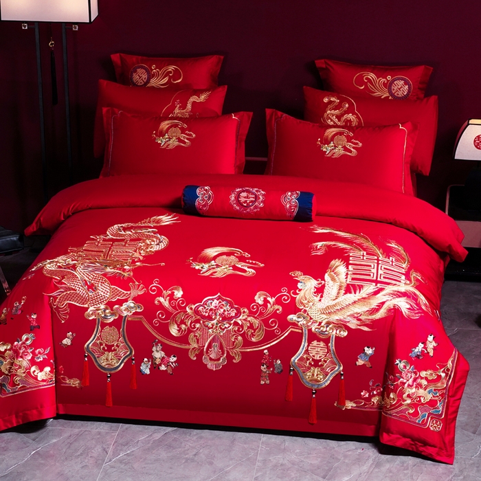 91家纺网 家纺一手货源 找家纺 慕她家纺 2026年全棉纯棉婚庆四件套大红色刺绣结床上用品 今生相伴
