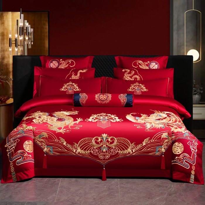 慕她家纺 2026年全棉纯棉婚庆四件套大红色刺绣结床上用品 锦瑟龙凤