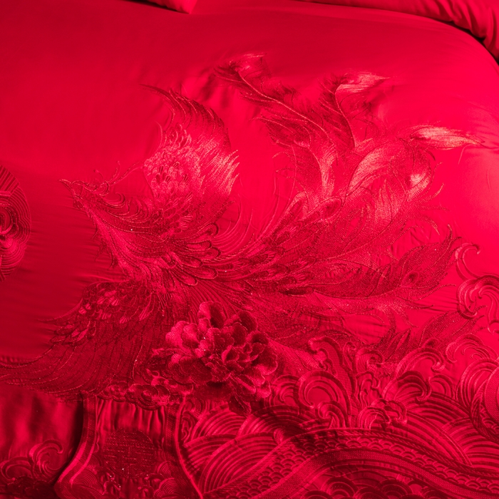 91家纺网 家纺一手货源 找家纺 慕她家纺 2026年全棉纯棉婚庆四件套大红色刺绣结床上用品 皇朝喜嫁 红