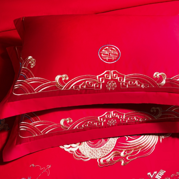 91家纺网 家纺一手货源 找家纺 慕她家纺 2026年全棉纯棉婚庆四件套大红色刺绣结床上用品 华彩龙凤