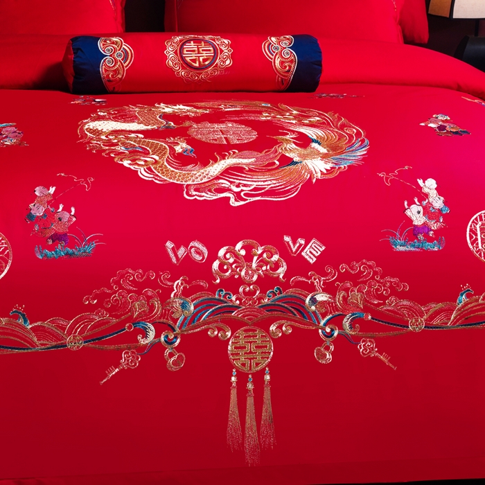 91家纺网 家纺一手货源 找家纺 慕她家纺 2026年全棉纯棉婚庆四件套大红色刺绣结床上用品 华彩龙凤