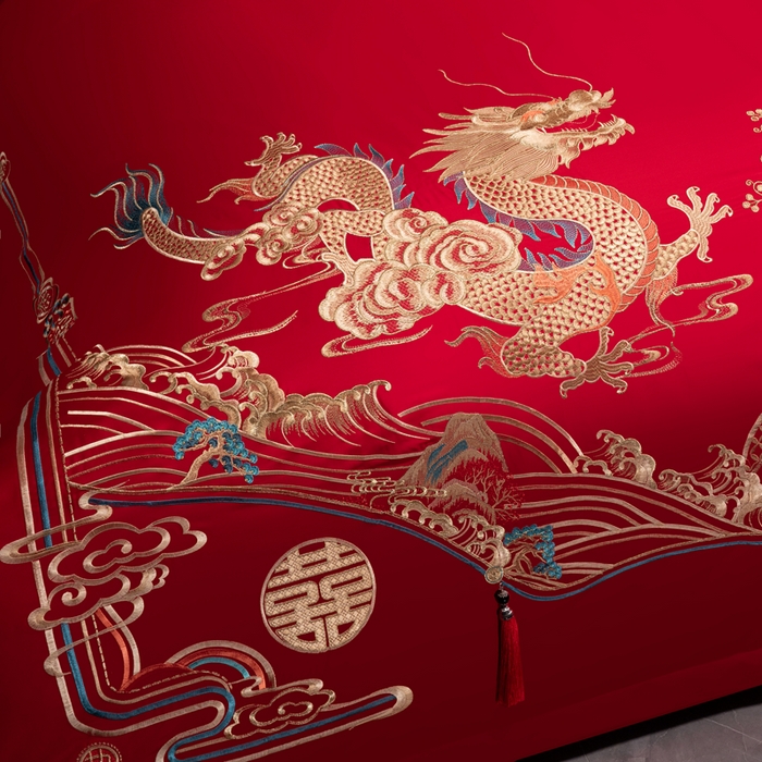 91家纺网 家纺一手货源 找家纺 慕她家纺 2026年全棉纯棉婚庆四件套大红色刺绣结床上用品 锦瑟龙凤