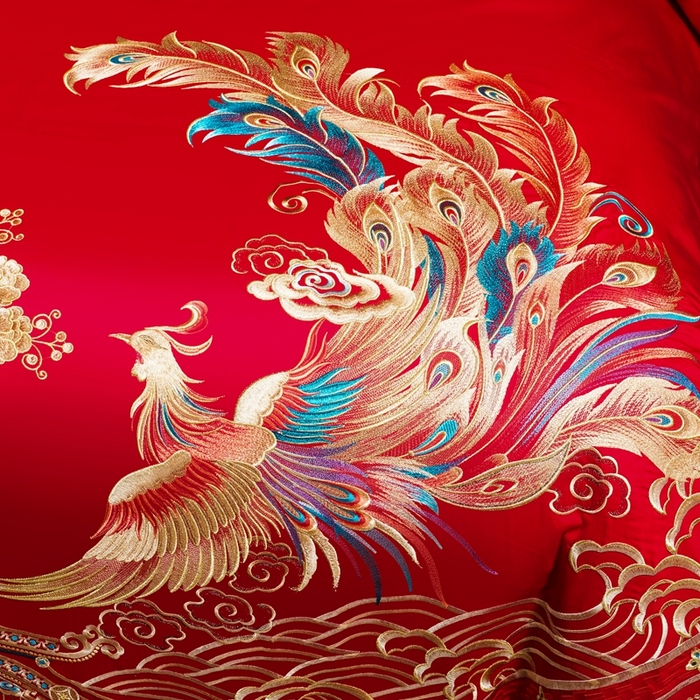 91家纺网 家纺一手货源 找家纺 慕她家纺 2026年全棉纯棉婚庆四件套大红色刺绣结床上用品 情定龙凤