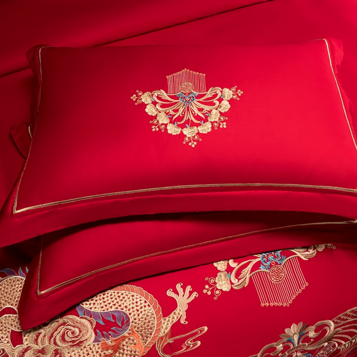 91家纺网 家纺一手货源 找家纺 慕她家纺 2026年全棉纯棉婚庆四件套大红色刺绣结床上用品 锦瑟龙凤