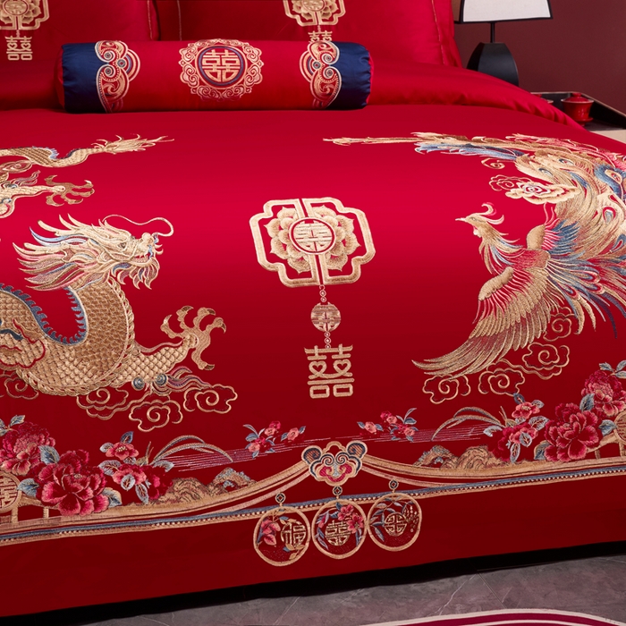 91家纺网 家纺一手货源 找家纺 慕她家纺 2026年全棉纯棉婚庆四件套大红色刺绣结床上用品 云罗龙凤