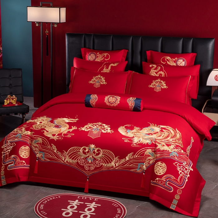 91家纺网 家纺一手货源 找家纺 慕她家纺 2026年全棉纯棉婚庆四件套大红色刺绣结床上用品 锦瑟龙凤
