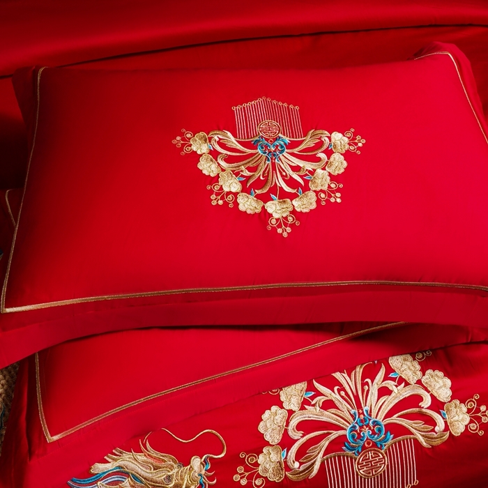 91家纺网 家纺一手货源 找家纺 慕她家纺 2026年全棉纯棉婚庆四件套大红色刺绣结床上用品 情定龙凤