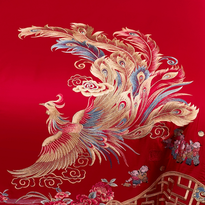 91家纺网 家纺一手货源 找家纺 慕她家纺 2026年全棉纯棉婚庆四件套大红色刺绣结床上用品 云罗龙凤