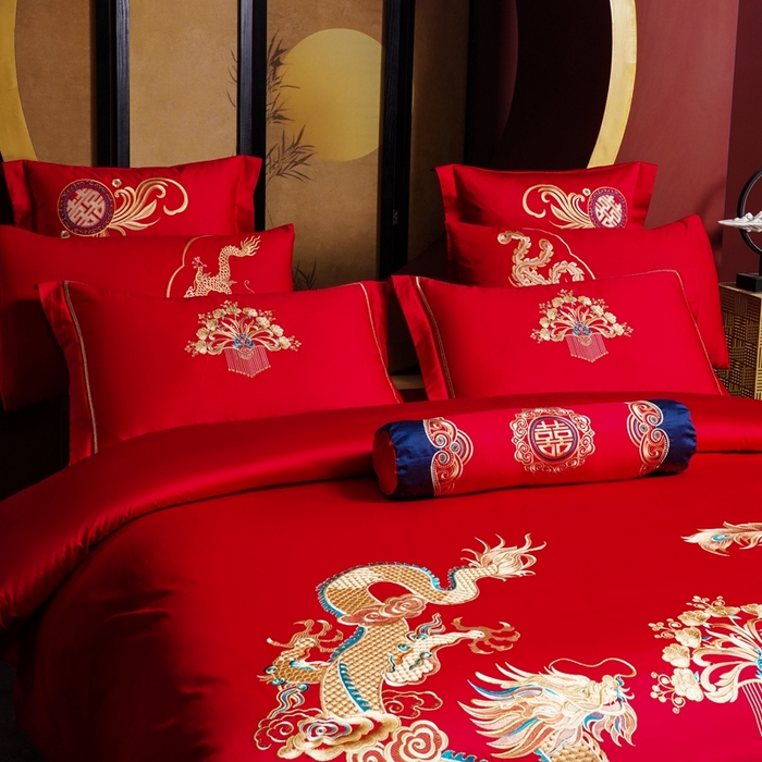 91家纺网 家纺一手货源 找家纺 慕她家纺 2026年全棉纯棉婚庆四件套大红色刺绣结床上用品 情定龙凤