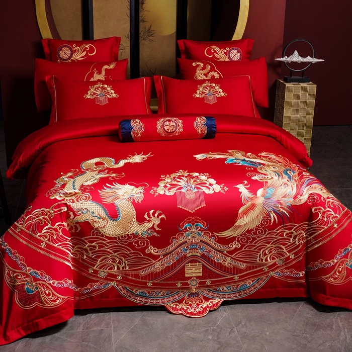 91家纺网 家纺一手货源 找家纺 慕她家纺 2026年全棉纯棉婚庆四件套大红色刺绣结床上用品 情定龙凤