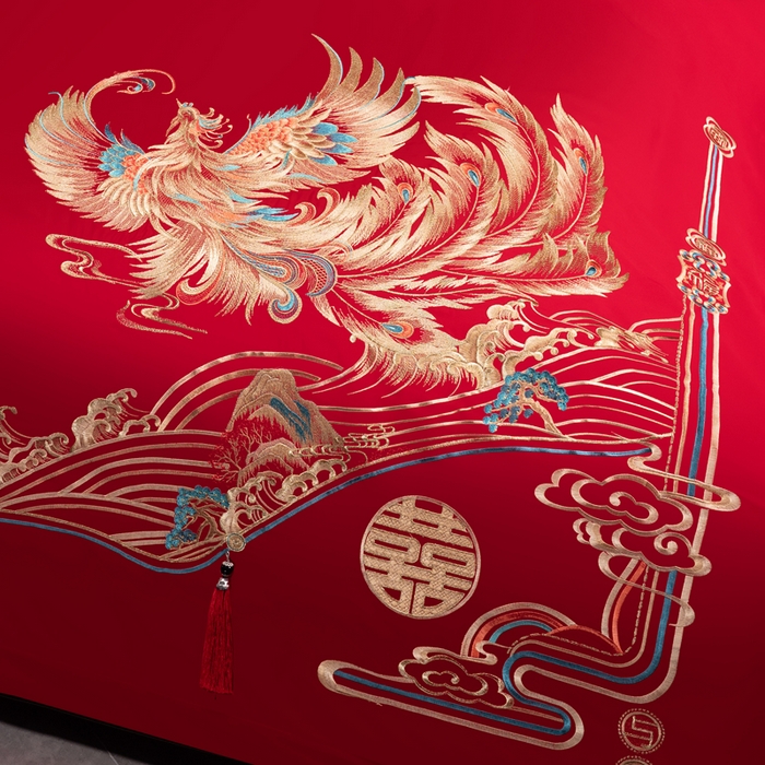 91家纺网 家纺一手货源 找家纺 慕她家纺 2026年全棉纯棉婚庆四件套大红色刺绣结床上用品 锦瑟龙凤