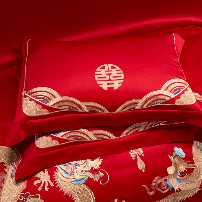 91家纺网 家纺一手货源 找家纺 慕她家纺 2026年全棉纯棉婚庆四件套大红色刺绣结床上用品 喜迎龙凤