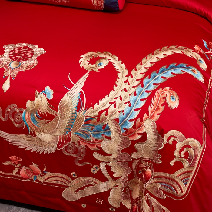 91家纺网 家纺一手货源 找家纺 慕她家纺 2026年全棉纯棉婚庆四件套大红色刺绣结床上用品 喜迎龙凤