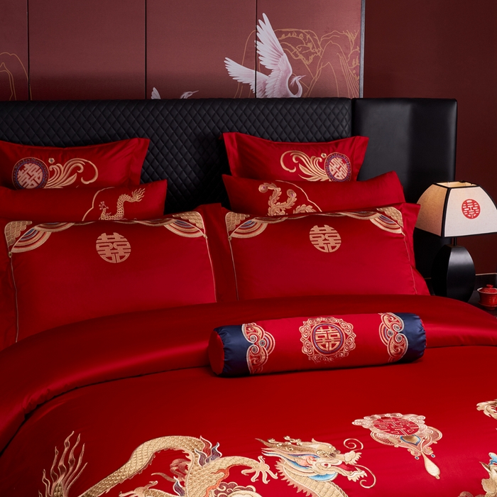 91家纺网 家纺一手货源 找家纺 慕她家纺 2026年全棉纯棉婚庆四件套大红色刺绣结床上用品 喜迎龙凤