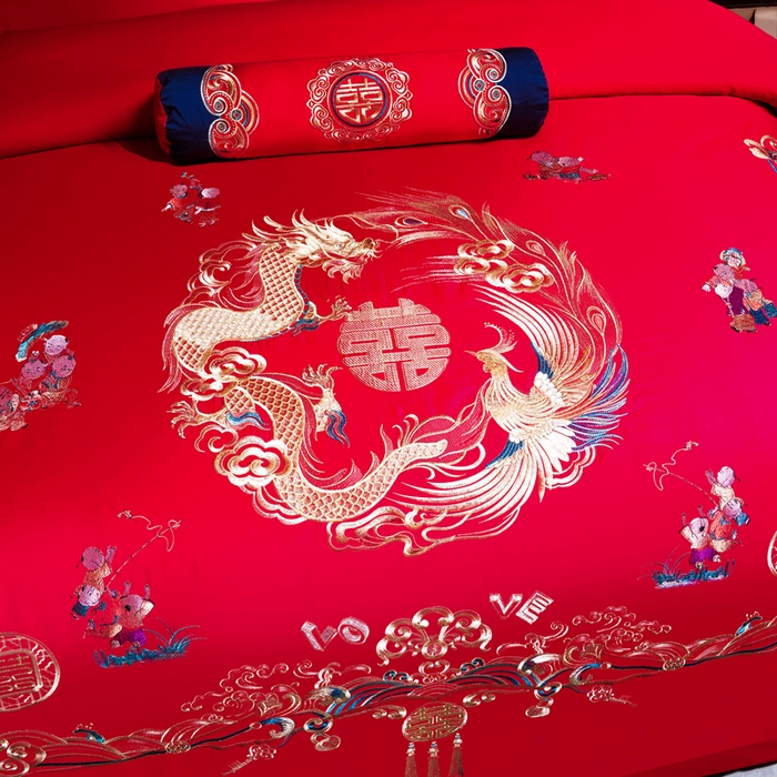 91家纺网 家纺一手货源 找家纺 慕她家纺 2026年全棉纯棉婚庆四件套大红色刺绣结床上用品 华彩龙凤