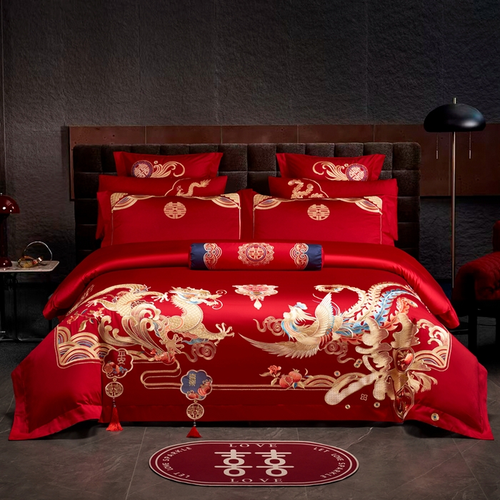 慕她家纺 2026年全棉纯棉婚庆四件套大红色刺绣结床上用品 喜迎龙凤