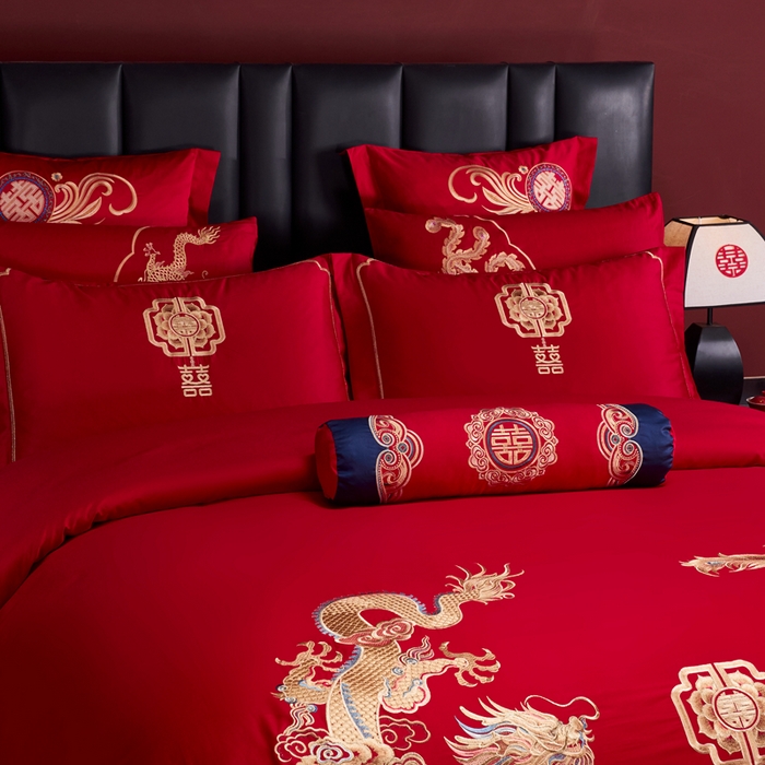 91家纺网 家纺一手货源 找家纺 慕她家纺 2026年全棉纯棉婚庆四件套大红色刺绣结床上用品 云罗龙凤