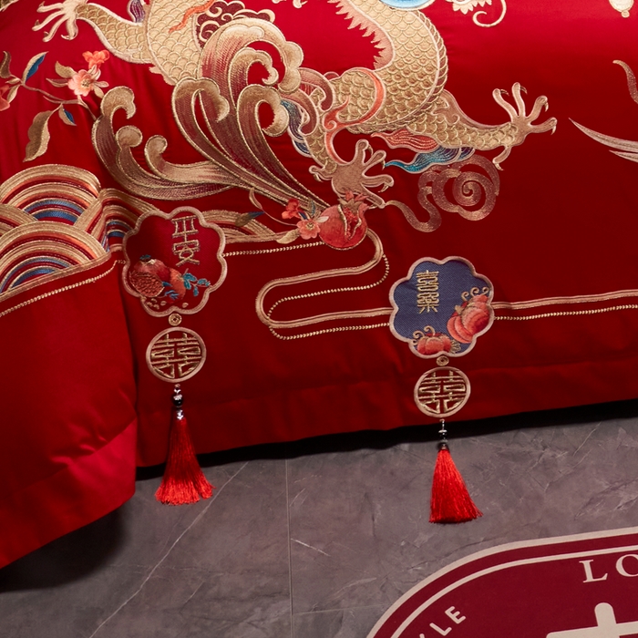 91家纺网 家纺一手货源 找家纺 慕她家纺 2026年全棉纯棉婚庆四件套大红色刺绣结床上用品 喜迎龙凤