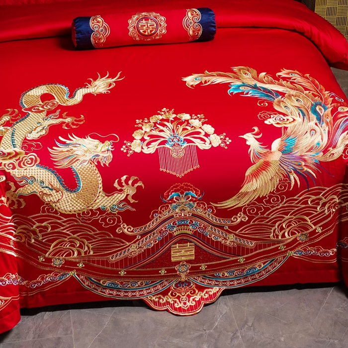 91家纺网 家纺一手货源 找家纺 慕她家纺 2026年全棉纯棉婚庆四件套大红色刺绣结床上用品 情定龙凤